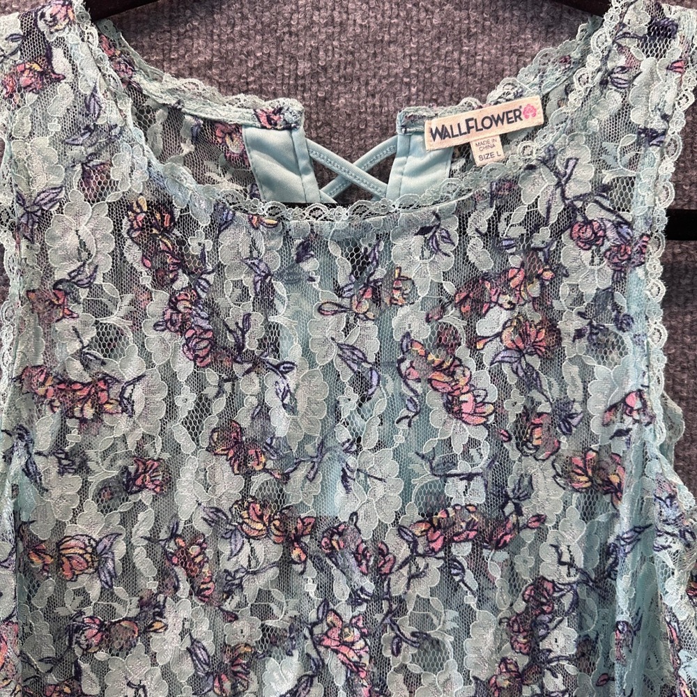TWO Wallflower Sheer Lace Tank Blue Floral & Tan Lace Up Sz L Coquette Soft Girl - Picture 3 of 14